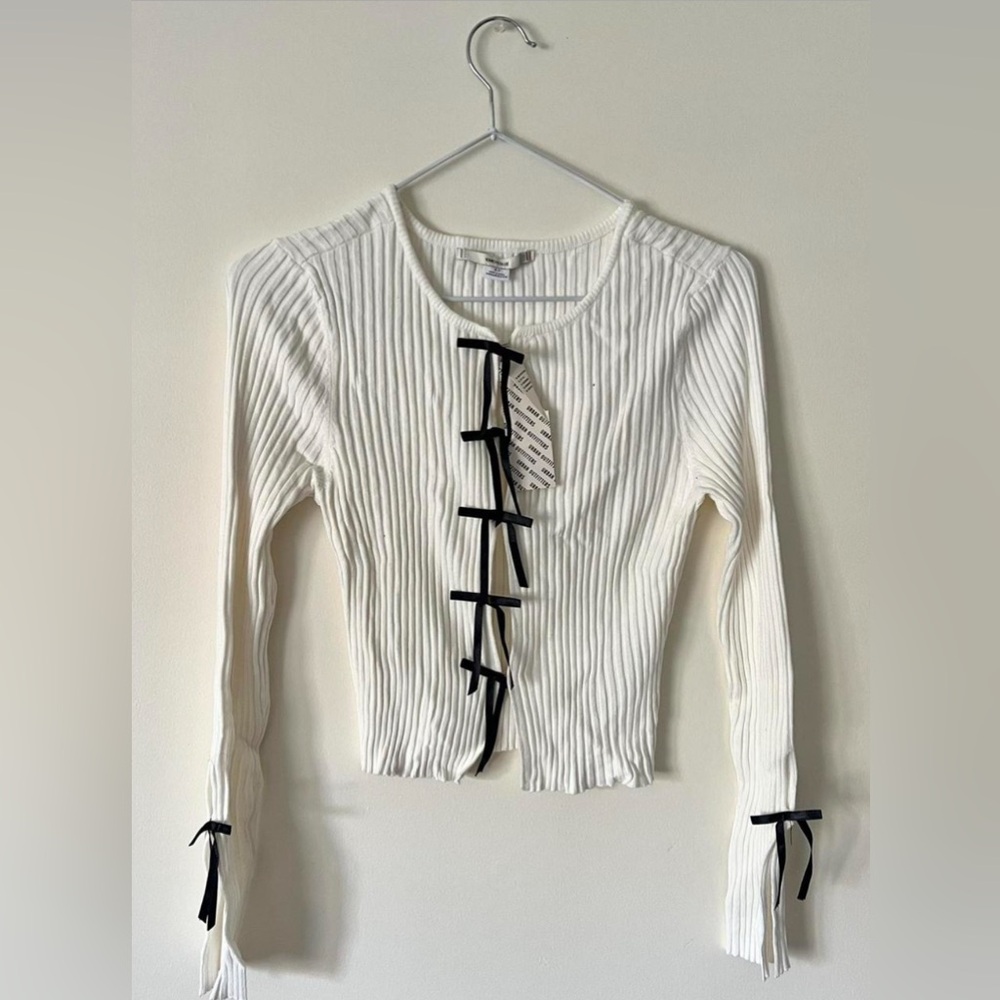 Kimchi Blue Ribbed Cardigan with Bow Details